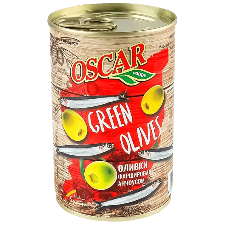 Оливки Oscar foods фаршировані анчоусом, 300 г ж/б ключ