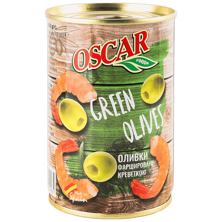 Оливки Oscar foods фаршировані креветкою, 300 г ж/б ключ