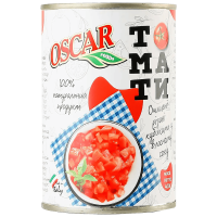 Томати Oscar foods очищені різані кубиками у власному соку, 400 г ж/б ключ