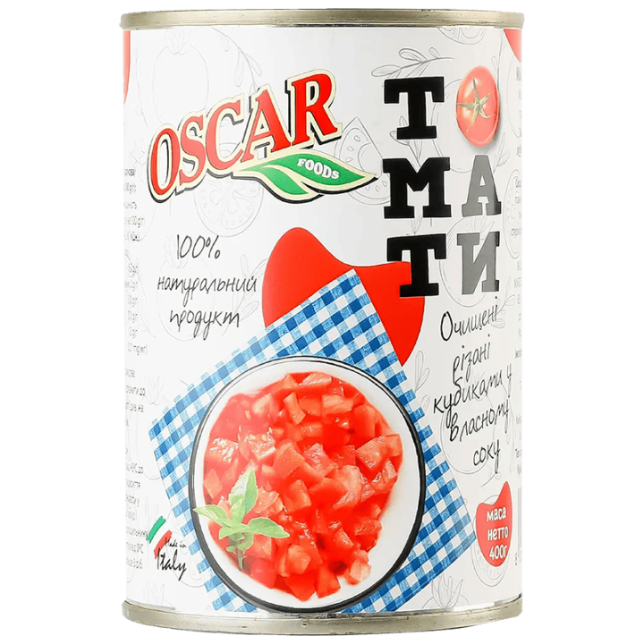 Томати Oscar foods очищені різані кубиками у власному соку, 400 г ж/б ключ