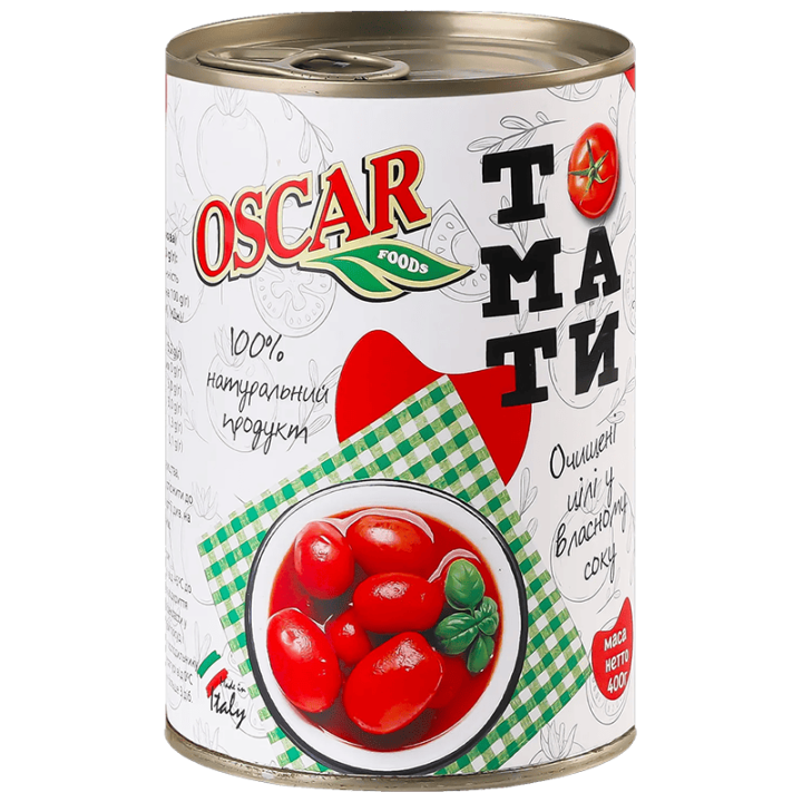 Томати Oscar foods очищені цілі у власному соку, 400 г ж/б ключ