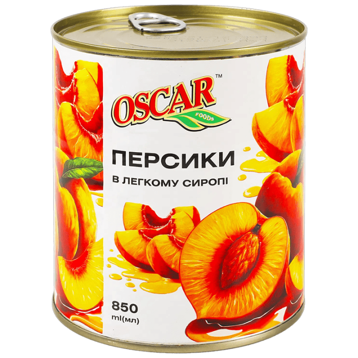 Персики Oscar foods половинками в легкому сиропі, 850 мл ж/б ключ