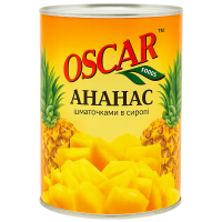 Ананаси Oscar foods шматочками у легкому сиропі, 565 г ж/б ключ