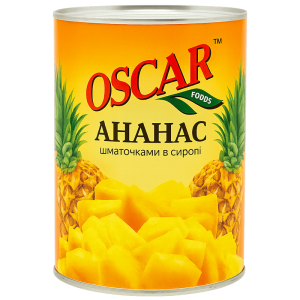 Ананаси Oscar foods шматочками у легкому сиропі, 565 г ж/б ключ