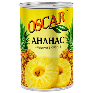 Ананаси Oscar foods кільцями у легкому сиропі, 565г  ж/б ключ