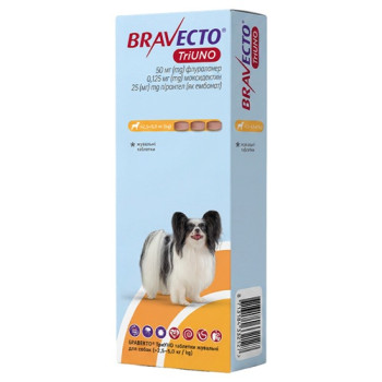 Bravecto TriUNO — жевательные таблетки Бравекто ТриУНО от блох, клещей и глистов для собак 2,5-5 кг, 1 таб