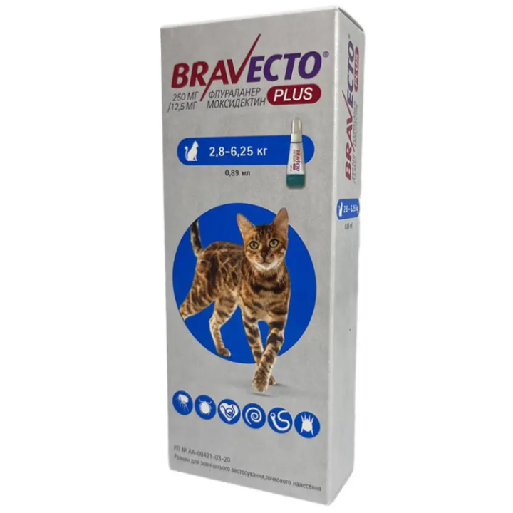 Bravecto Plus Spot-On - інсектоакарицидні краплі Бравекто Плюс Спот-Он для кішок Вага 2,8 - 6,25 кг, 250 мг одна піпетка