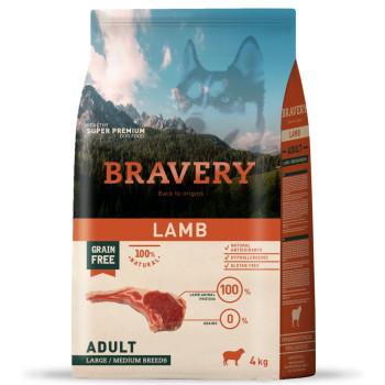BRAVERY Lamb Large/Medium Adult - сухой корм для взрослых собак средних и крупных пород, с ягненком, 4 кг