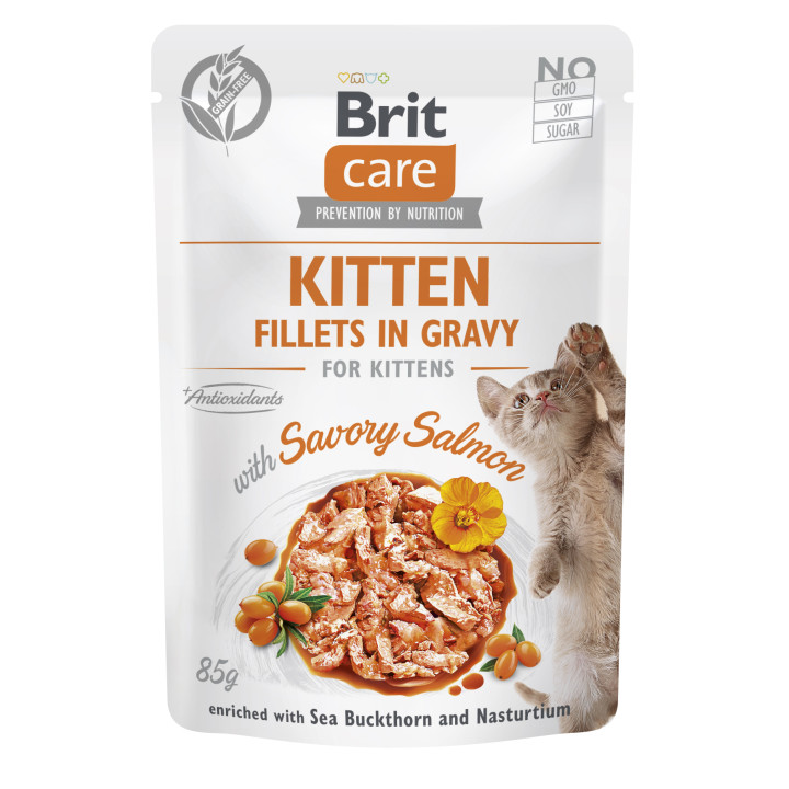 Корм влажный для котят Brit Care Cat Fillets in Gravy with Savory Salmon, филе в соусе с лососем, 85 г