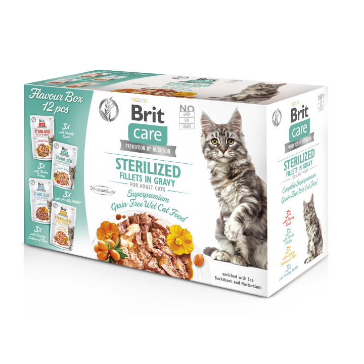Корм вологий для стерилізованих котів Brit Care Flavour box Sterilized, філе в соусі, набір паучів 12 х 85 г