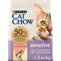 Cat Chow Sensetive - корм Кет Чау с лососем для взрослых котов с чувствительной кожей и пищеварением 1,5 кг 7613035394131
