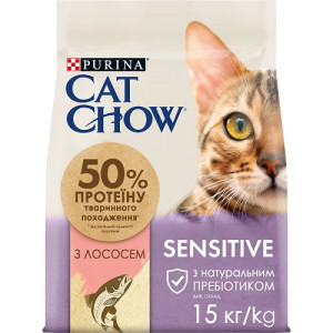 Cat Chow Sensetive - корм Кет Чау с лососем для взрослых котов с чувствительной кожей и пищеварением 15 кг 7613035394902
