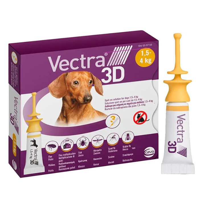 Краплі Ceva Vectra 3D для собак від кліщів та бліх 1.5-4 кг, (3 х 0,8мл), 1 піпетка