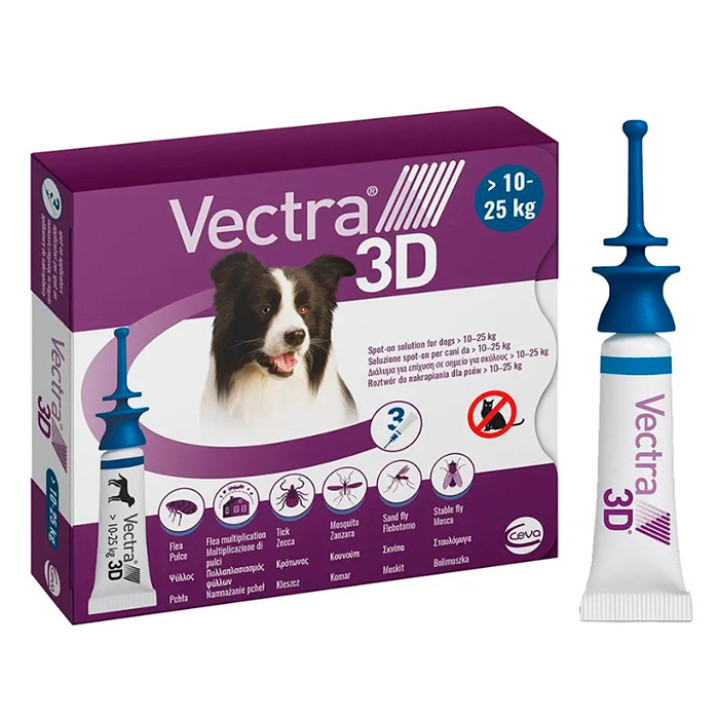 Капли Ceva Vectra 3D для собак от клещей и блох 10.1 - 25 кг, (3 х 3,6мл), 1 пипетка