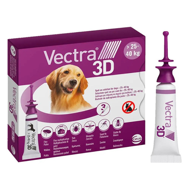 Краплі Ceva Vectra 3D для собак від кліщів та бліх 25.1 - 40 кг, (3 х 4,7мл), 1 піпетка