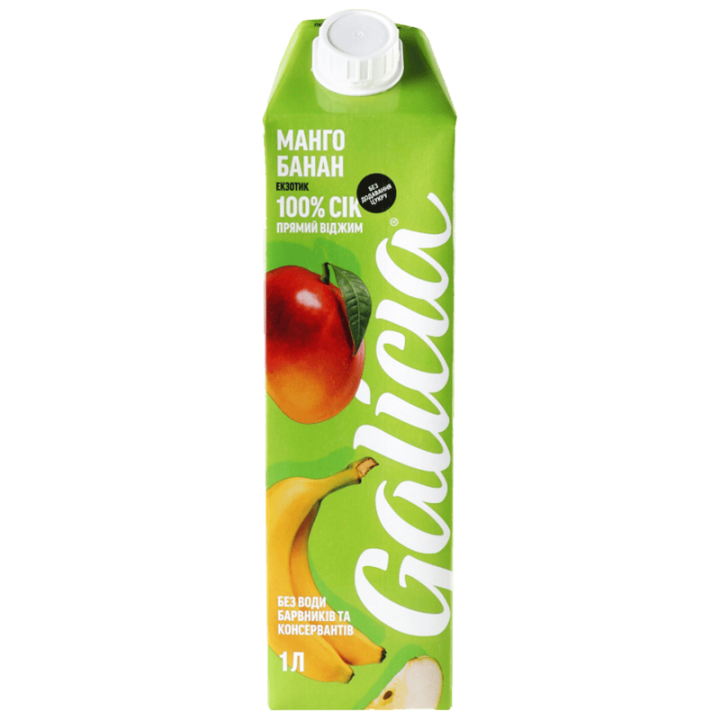 Сік Galicia яблучно-мангово-банановий з м’якоттю гомогенізований стерилізований TGA 1л