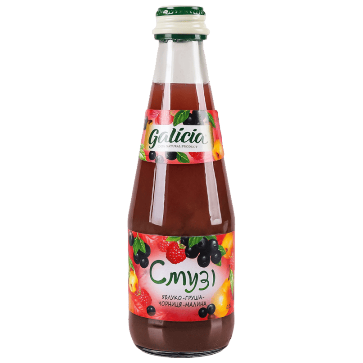 Сік Galicia з м'якоттю із суміші фруктів Смузі яблуко-груша-чорниця-малина 0,3л с/б