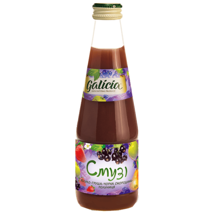 Сік Galicia із м'якоттю із суміші фруктів Смузі яблуко-груша-чорна смородина-полуниця 0,3л с/б