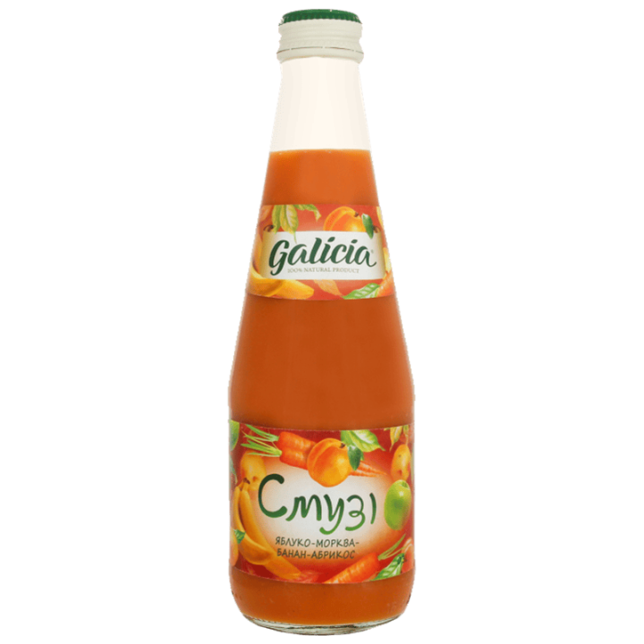 Сік Galicia з м'якоттю із суміші плодів Смузі яблуко-морква-банан-абрикос 0,3л с/б