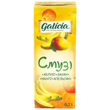 Сік Galicia з м'якоттю із суміші фруктів Смузі яблуко-банан-манго-апельсин TGA 0,2л Сік Galicia з м'якоттю із суміші фруктів Смузі яблуко-банан-манго-апельсин TGA 0,2л