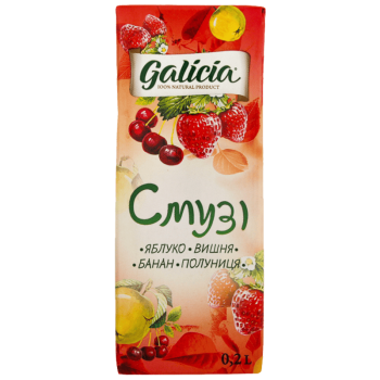 Сік Galicia з м'якоттю із суміші фруктів Смузі яблуко-вишня-банан-полуниця TGA 0,2л Сік Galicia з м'якоттю із суміші фруктів Смузі яблуко-вишня-банан-полуниця TGA 0,2л