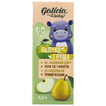 Сік Galicia BABY яблучно-грушевий з м’якоттю натуральний гомогенізований стерилізований 0,2 л