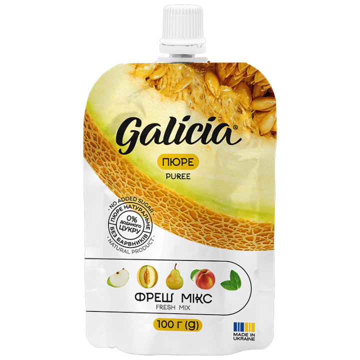 Пюре Galicia із суміші фруктів зі смаком дині і м’яти Фреш мікс пастеризоване 100 г