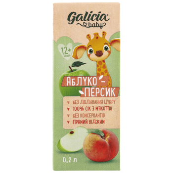 Сік Galicia BABY яблучно-персиковий з м’якоттю натуральний гомогенізований стерилізований 0,2 л Сік Galicia BABY яблучно-персиковий з м’якоттю натуральний гомогенізований стерилізований 0,2 л