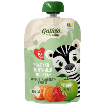 Пюре Galicia BABY яблучно-полунично-морквяне натуральне гомогенізоване стерилізоване 90 г Пюре Galicia BABY яблучно-полунично-морквяне натуральне гомогенізоване стерилізоване 90 г