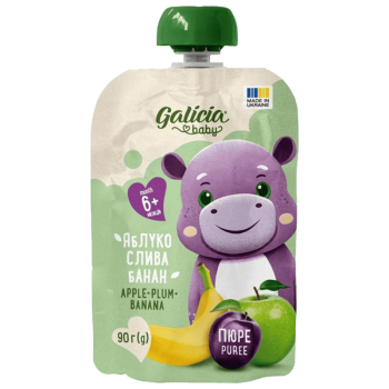 Пюре Galicia BABY яблучно-сливово-бананове натуральне гомогенізоване стерилізоване 90 г Пюре Galicia BABY яблучно-сливово-бананове натуральне гомогенізоване стерилізоване 90 г