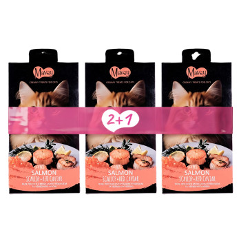 Сет ласощів 2+1 для котів Mavsy Creamy Superfood Salmon with scallop and roe у вигляді кремоподібного пюре філе лосося з морським гребінцем та червоною ікрою, 5х15 г Сет ласощів 2+1 для котів Mavsy Creamy Superfood Salmon with scallop and roe у вигляді кремоподібного пюре філе лосося з морським гребінцем та червоною ікрою, 5х15 г