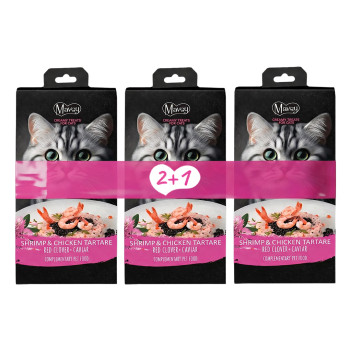 Сет ласощів 2+1 для котів Mavsy Creamy Superfood Shrimp and chicken tartare with red clover and caviar у вигляді тартару з креветок і курки, 5х15 г Сет ласощів 2+1 для котів Mavsy Creamy Superfood Shrimp and chicken tartare with red clover and caviar у вигляді тартару з креветок і курки, 5х15 г