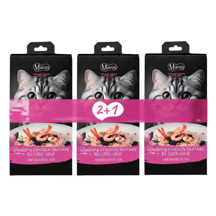 Набор лакомств 2+1 для кошек Mavsy Creamy Superfood тартар из креветок и курицы, 5х15 г