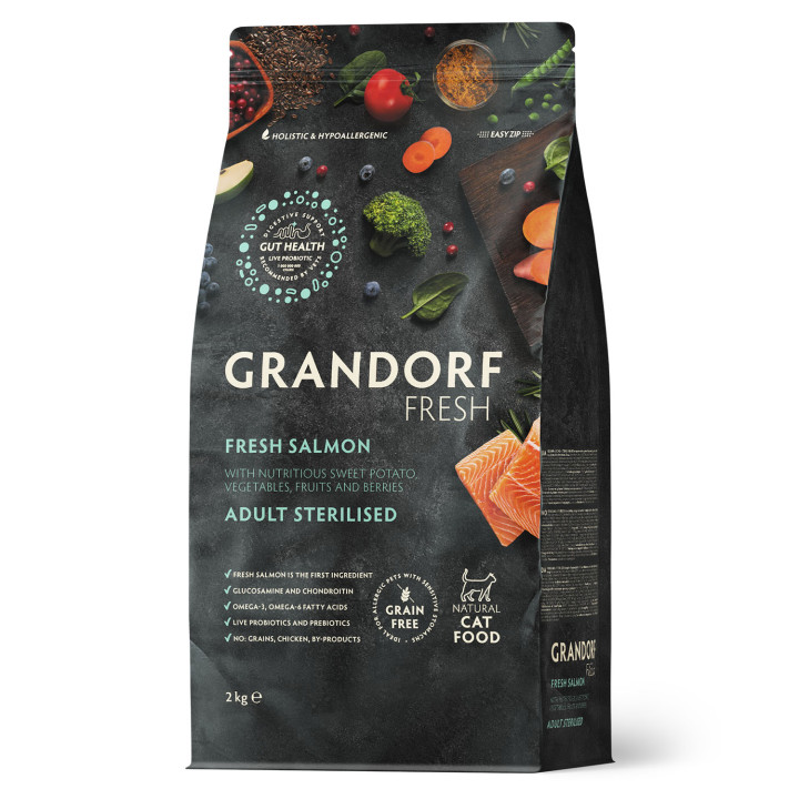 Grandorf FRESH SALMON & SWEET POTATO ADULT CAT STERILISED - Беззерновой сухой корм для стерилизованных кошек лосось с бататом, 2 кг
