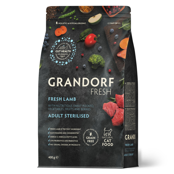 Grandorf FRESH STERIL CAT LAMB & SWEET POTATO — Беззерновой сухой корм для стерилизованных кошек с ягненком и бататом 0,4 кг