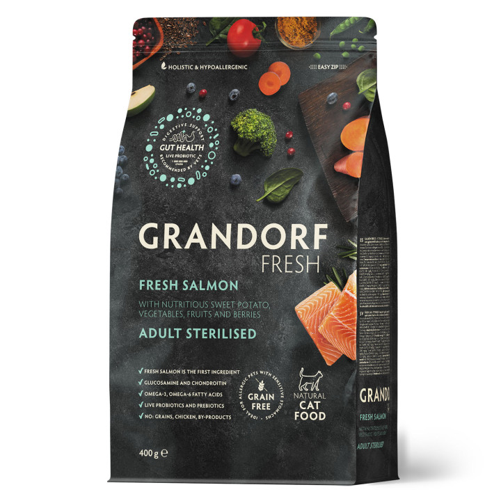 Grandorf FRESH SALMON & SWEET POTATO ADULT CAT STERILISED - Беззерновой сухой корм для стерилизованных кошек лосось с бататом, 400 г