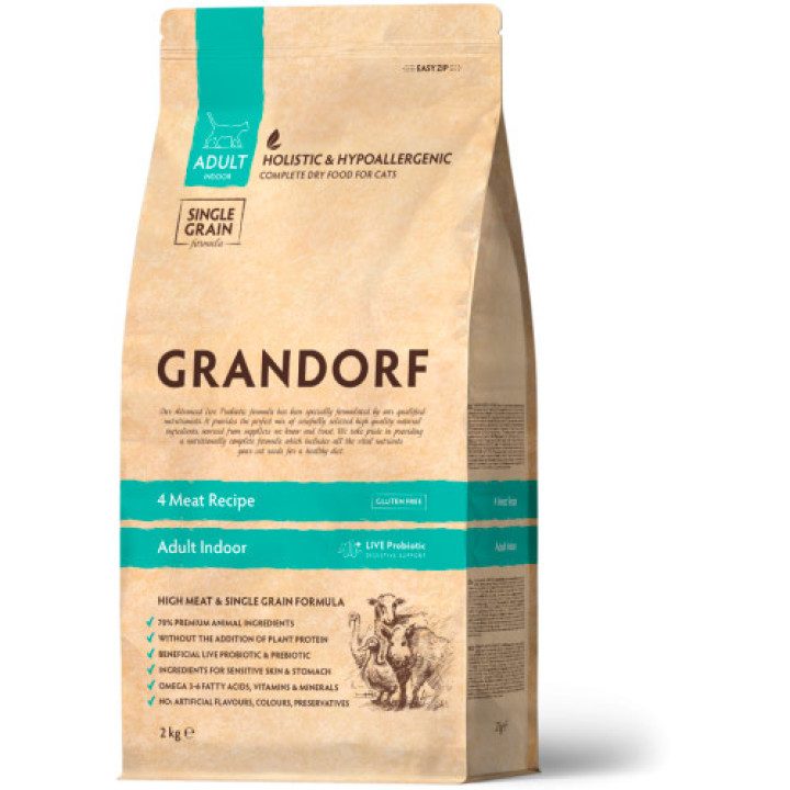 Сухой корм Grandorf Living Probiotics 4 Meat Indoor 4 вида мяса для домашних кошек 2 кг