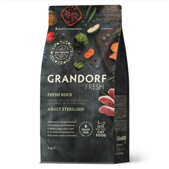 Grandorf FRESH DUCK & SWEET POTATO ADULT CAT STERILISED - Беззерновой сухой корм для стерилизованных кошек утка с бататом, 2 кг