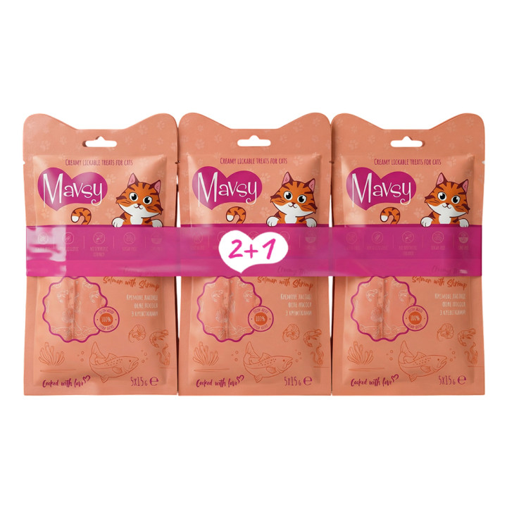 Набор лакомств 2+1 для кошек Mavsy Creamy Lickable Treats Salmon with shrimp в виде кремообразного пюре из филе лосося с креветками, 5х15 г