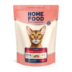 Беззерновой гипоаллергенный сухой корм HOME FOOD для взрослых стерилизованных/кастрированных кошек Утка и груша Grain-free hypoallergenic. Suitable for exotic breeds, 400 г