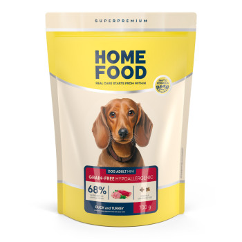 Беззерновий гіпоалергенний сухий корм HOME FOOD для дорослих собак малих порід Качка та індичка Grain-free hypoallergenic, 700 г