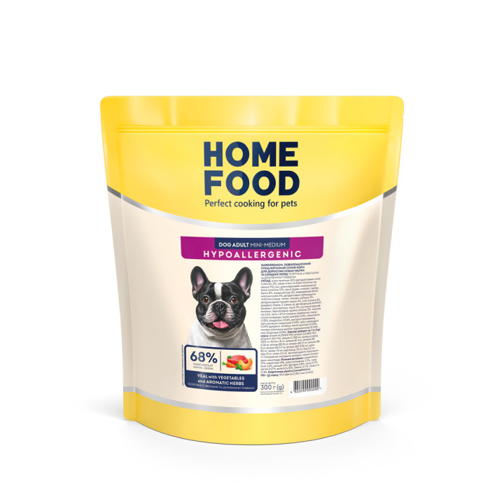 Гіпоалергенний сухий корм HOME FOOD для дорослих собак малих та середніх порід Телятина з овочами та духмяними травами Hypoallergenic, 300 г