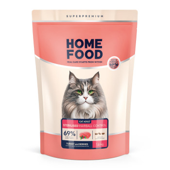 Сухий корм HOME FOOD для виведення шерсті зі шлунку для стерилізованих/кастрованих дорослих котів Індичка та ягоди Hairball control For sterilised/neutered, 1.6 кг