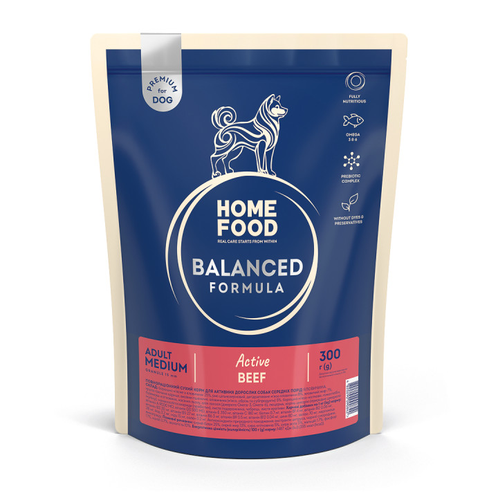Сухий корм HOME FOOD для активних дорослих собак середніх порід Яловичина Active Balanced Formula, 300 г