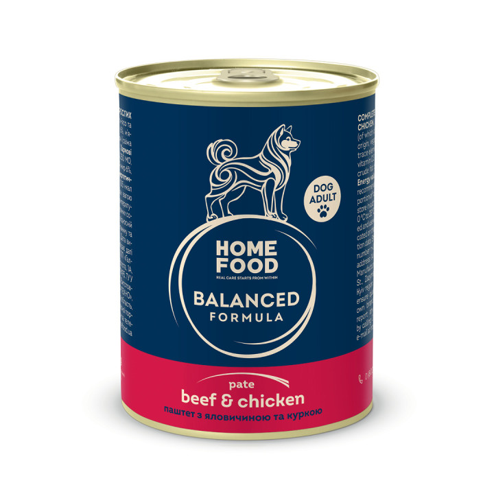 Повнораціонний консервований корм HOME FOOD для дорослих собак Паштет з яловичиною та куркою, 360 г