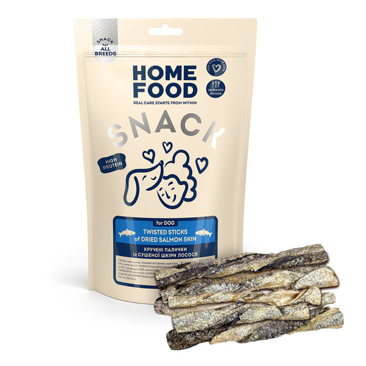Лакомство для собак HOME FOOD Крученые палочки из сушеной шкурки лосося, 80 г