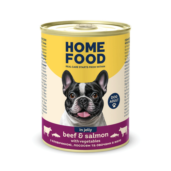Повнораціонний консервований корм HOME FOOD для дорослих собак з яловичиною, лососем та овочами в желе, 360 г