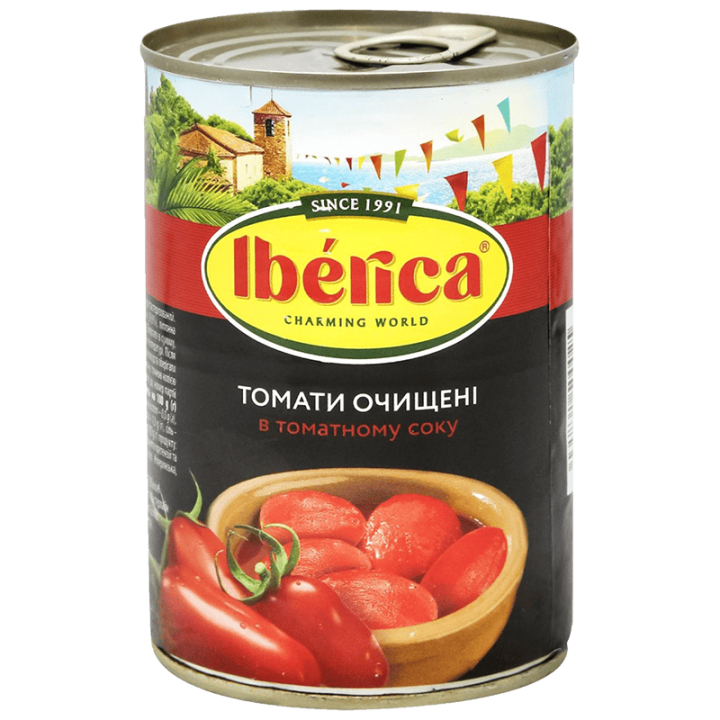 Томати Iberica цілі очищені у томатному соку 400 г