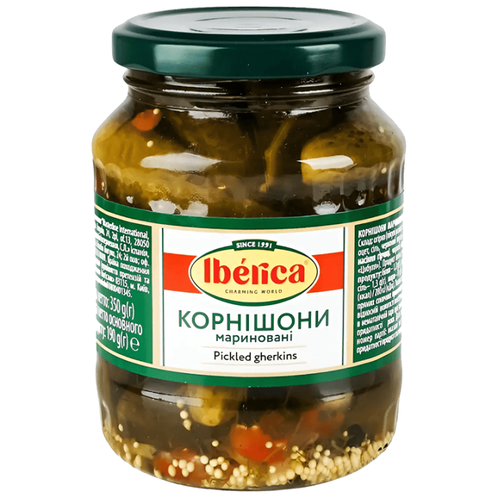 Корнішони Iberica мариновані 3-6 см с/б 370 мл