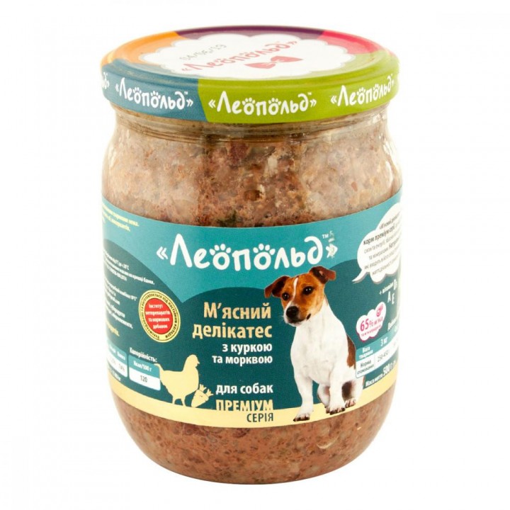 Консервы для собак Леопольд Мясные деликатесы с курицей и морковью 500г (4820185490252)